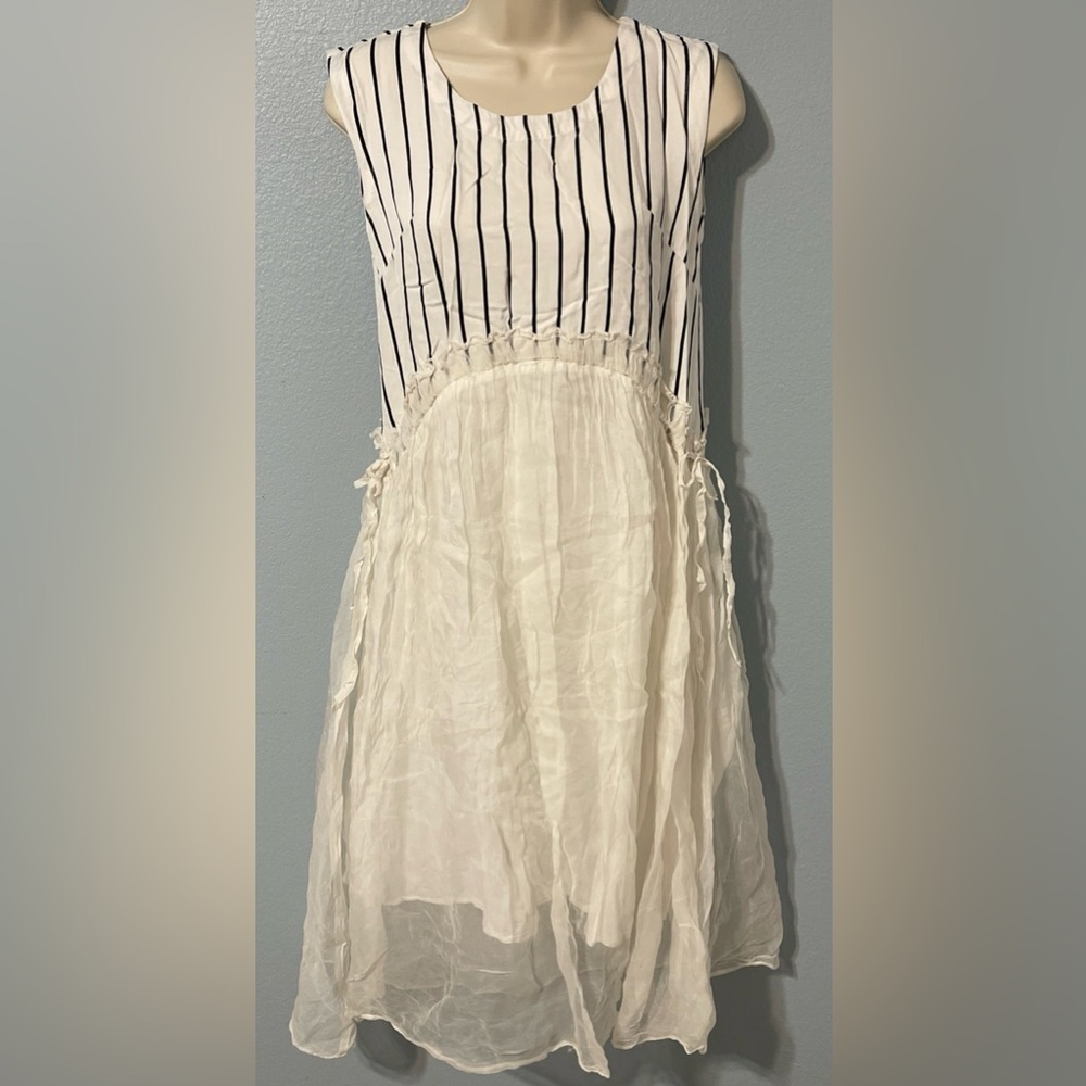 Black & White Striped Midi Dress Sheer Overlay Mori Kei Cottagecore Boho Medium